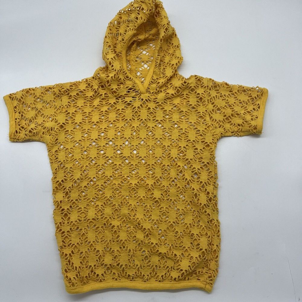 VTG‎ Basic Image Yellow Crochet Top Swim Coverup Hooded Size 4 Made In USA EUC